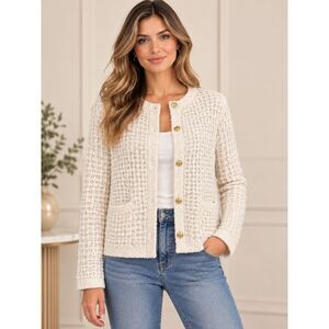 Lands’ End Ivory Bouclé Knit Cardigan Gold Crest Buttons Medium